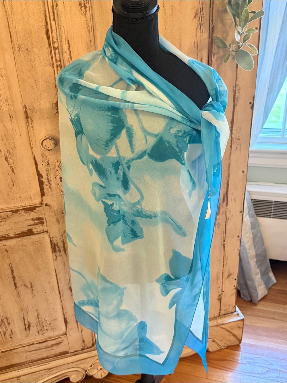 Fattorseta sheer Blue Floral Chiffon scarf/wrap. Made in Italy